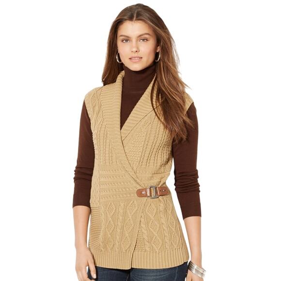 Lauren Ralph Lauren Sweater Vest Cable Knit Mid Length Buckle Closure Tan M - Picture 1 of 5